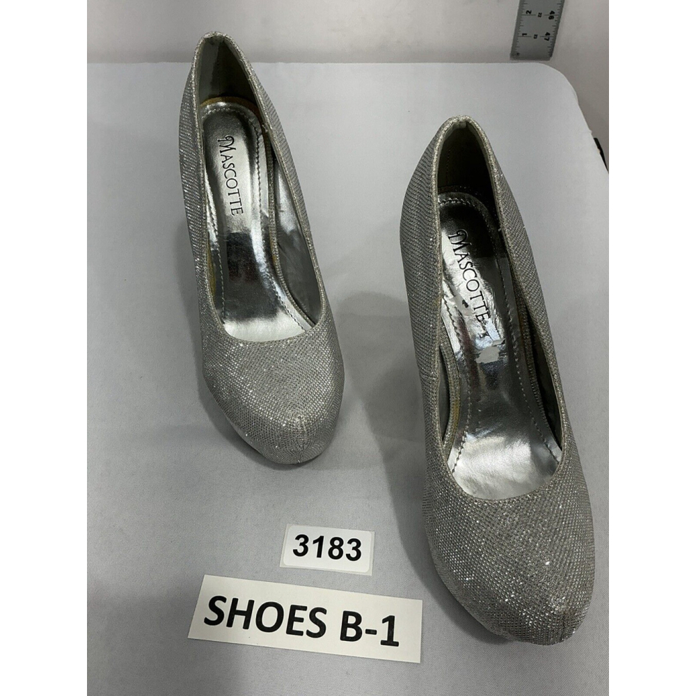 Womans Mascotte Linda Size 9 Silver Sparkly Slip On Platform Stiletto Pumps